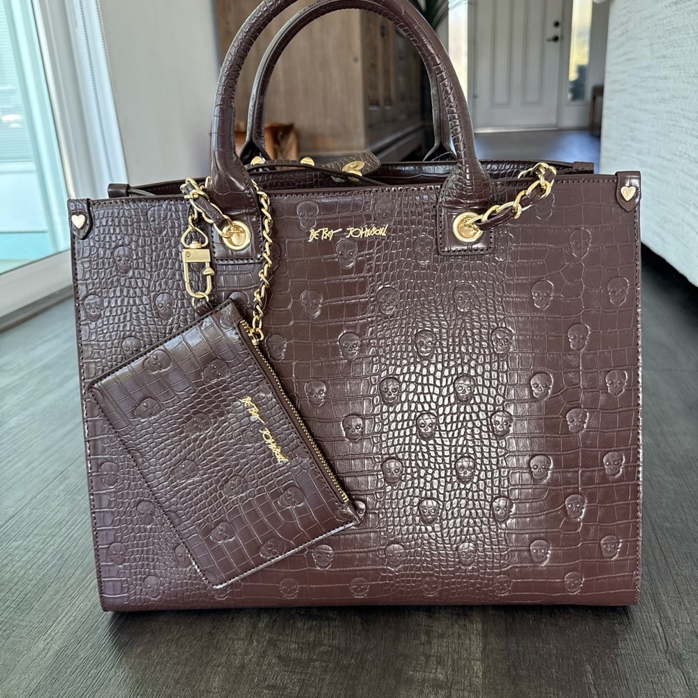 Betsy Johnson Skull Croc-Embossed Leather Tote Bag with Pouch